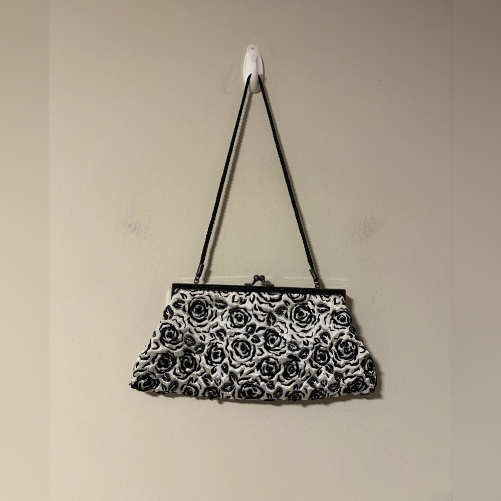 Lancome Iridescent Beaded Floral Brocade Clutch Purse